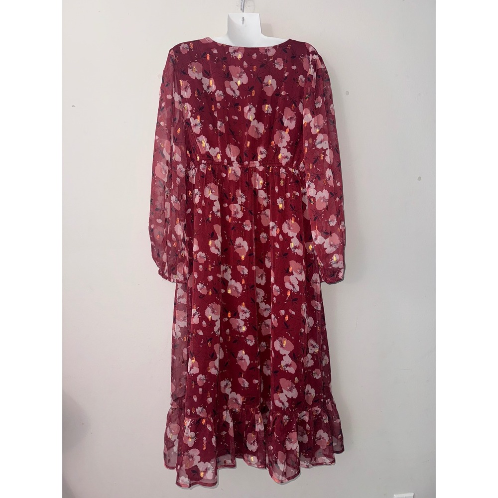 Floral Midi Dress Long Sleeve V Neck Ruffle Hem Burgundy‎ M - Picture 7 of 11